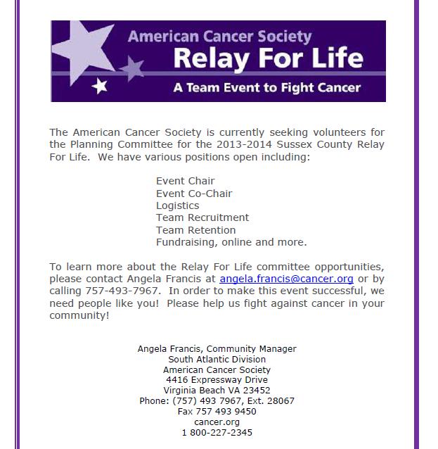 ATTENTION: Volunteers Needed for 2013 14' Sussex County Relay for Life ...